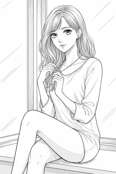 Jeune femme assise sur un rebord de fenêtre, jouant avec un collier fin autour de son cou, ambiance introspective et douce, cadrage médian soulignant la fluidité de ses cheveux et la finesse de ses expressions.