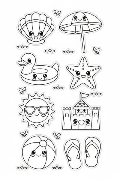 Une page contenant 8 stickers kawaii d’objets de la plage souriants, tels que coquillages, parasols et bouées, dans une ambiance estivale et légère, vus en flat icon-like rendering, accompagnés de petites vagues.