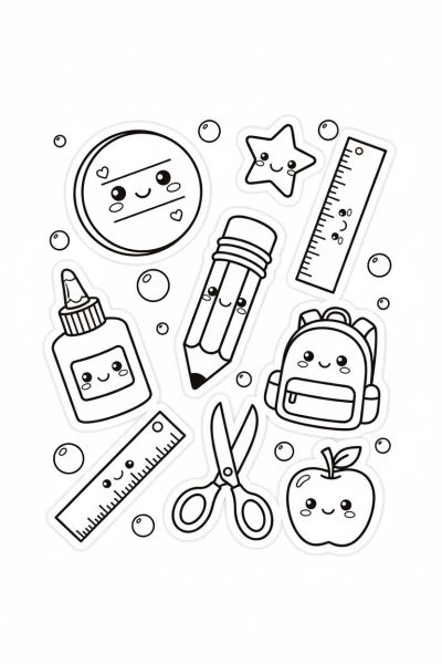 Une page contenant 7 stickers kawaii d’objets d’école souriants, comme crayons, cahiers et règles, dans une ambiance studieuse mais joyeuse, vus en flat icon-like rendering avec des petits motifs de bulles.