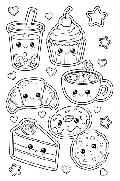 Une page contenant 7 stickers kawaii de pâtisseries et boissons chaudes souriantes, dans une ambiance douce et réconfortante, vues en flat icon-like rendering, entourées de petits coeurs et étoiles.
