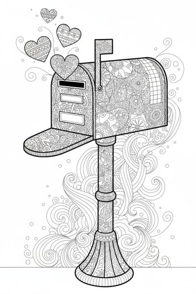 Une boîte aux lettres ancienne décorée de motifs complexes, avec des lettres en forme de cœur qui s’envolent, dans une ambiance nostalgique et douce, cadrée en gros plan.