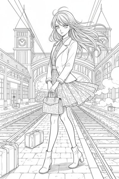 Fille debout sur un quai de gare, tenant un sac à main élégant, expression déterminée, ambiance de départ et mouvement, plan large intégrant des rails et bâtiments stylisés en arrière-plan.