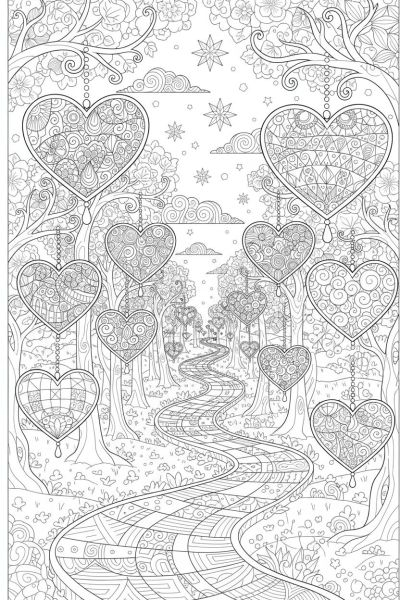 Un chemin sinueux bordé de lanternes en forme de cœur, chacune décorée de motifs finement dessinés, dans une ambiance magique et mystérieuse, vue en plan large.
