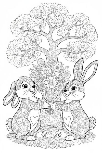 Un couple de lapins échangeant un bouquet de fleurs détaillées en zentangle, dans une ambiance joyeuse et complice, cadré en plan moyen, avec un arbre aux branches ornées de motifs dentelés.