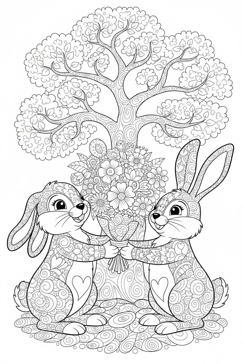 Un couple de lapins échangeant un bouquet de fleurs détaillées en zentangle, dans une ambiance joyeuse et complice, cadré en plan moyen, avec un arbre aux branches ornées de motifs dentelés.
