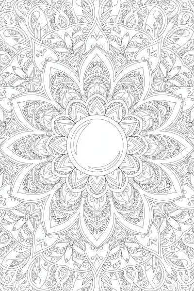 Une mandala centrée sur une goutte de rosée entourée de pétales et de feuilles en cercle, dans une atmosphère fraîche du matin, vue en gros plan, avec un trait fin et des motifs géométriques complexes.