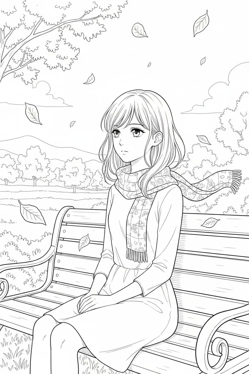 Une jeune fille assise sur un banc de parc, regard pensif vers l'horizon, dans une ambiance matinale paisible, vue en plan moyen, avec des feuilles délicatement tombantes entourant son écharpe légère.