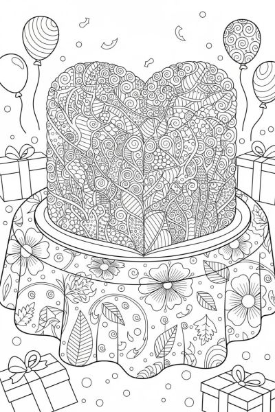 Un grand gâteau en forme de cœur, couvert de motifs délicats et répétitifs, dans une ambiance festive et sucrée, vu de côté, posé sur une nappe ornée de motifs floraux.