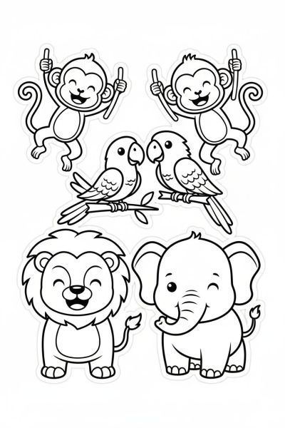 Une page contenant 6 stickers kawaii d’animaux de la jungle joyeux comme singes et perroquets, dans une ambiance vivante et amusante, en portrait de face.