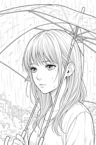 Fille debout sous une pluie fine, tenant un parapluie transparent, dans une atmosphère mélancolique, cadrage rapproché sur son visage aux yeux en amande, avec des mèches de cheveux fines effleurant son front.