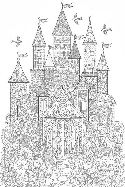 Un château romantique stylisé avec des tours en motifs zentangle, dans une ambiance féerique et accueillante, vu en plan large, entouré d’un jardin dense rempli de fleurs.