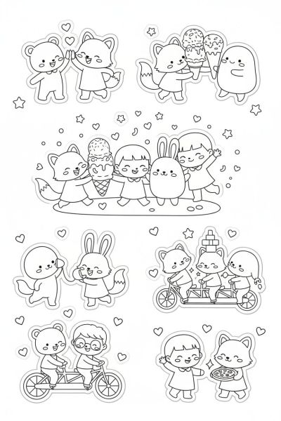 Une page contenant 7 stickers kawaii représentant la célébration d’amitié avec tous les personnages récurrents du livre souriants et réunis, dans une ambiance joyeuse et festive, vues en scène large avec petits coeurs et étoiles.