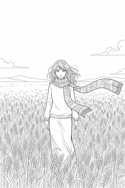Jeune femme marchant dans un champ de blé, laissant flotter une longue écharpe derrière elle, ambiance aérée et libre, plan large avec un horizon minimaliste et un vent léger mouvementant ses cheveux ciselés.