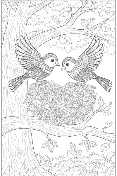 Deux oiseaux construisant un nid en forme de cœur, chaque plume dessinée avec des motifs précis, dans une ambiance collaborative et paisible, vue en plan large, avec un arbre en arrière-plan.