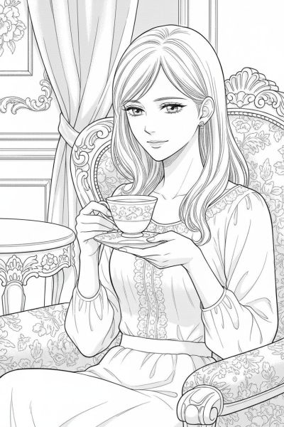 Jeune femme assise dans un fauteuil ancien, tenant une tasse délicate, expression sereine, ambiance cosy et raffinée, cadrage rapproché sur ses mains fines et ses traits précis, avec des drapés de tissu élégants.