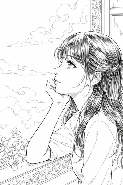 Jeune fille à la fenêtre, appuyée sur le rebord, regard rêveur vers le ciel, ambiance douce et feutrée d’un matin brumeux, cadrage serré sur son profil délicat et ses cheveux effilés flottants.