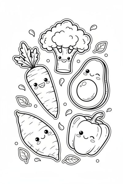 Une page contenant 5 stickers kawaii de légumes souriants et joyeux, en vue rapprochée, dans une ambiance saine et joyeuse, entourés de petites gouttes de eau et feuilles.