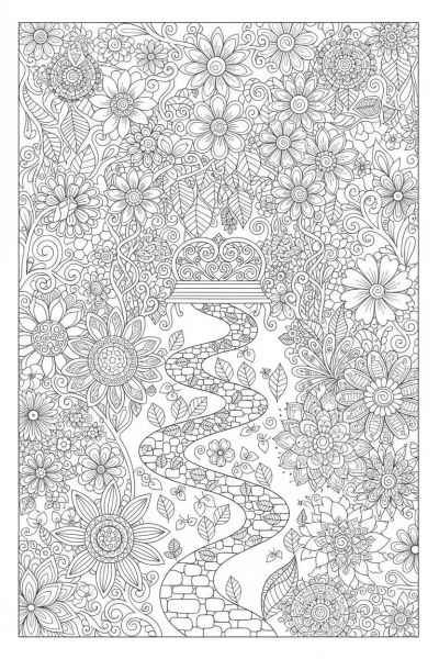 Un sentier bordé de fleurs zentangle menant à un petit banc en forme de cœur, dans une ambiance paisible et accueillante, vue en perspective plongeante.