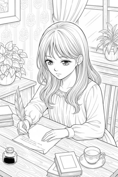 Fille en train d’écrire une lettre à une table en bois, posture concentrée, ambiance intime d’une pièce éclairée doucement, vue en plongée mettant en valeur ses cheveux effilés encadrant son visage calme.
