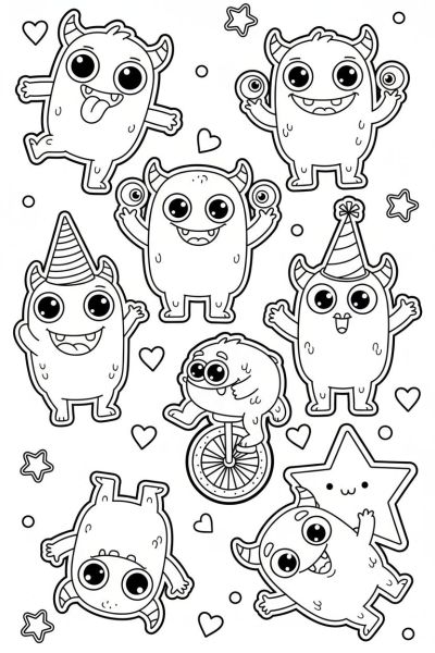 Une page contenant 7 stickers kawaii de petits monstres rigolos avec des postures amusantes, dans une ambiance drôle et colorée, vus en gros plan, entourés de petits coeurs et étoiles.