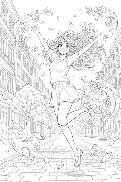 Jeune femme en mouvement, sautant sur un trottoir, sourire discret, ambiance de fin d’après-midi, plan large, avec des pétales de fleurs flottant autour d’elle, ses cheveux ciselés flottant au vent.