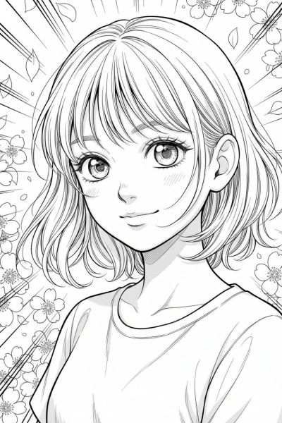 Portrait final d’une fille souriante, regard franc et lumineux, posture confiante, ambiance d’espoir et de renouveau, cadrage serré soulignant les contours nets de son visage et les mèches effilées encadrant ses yeux en amande.