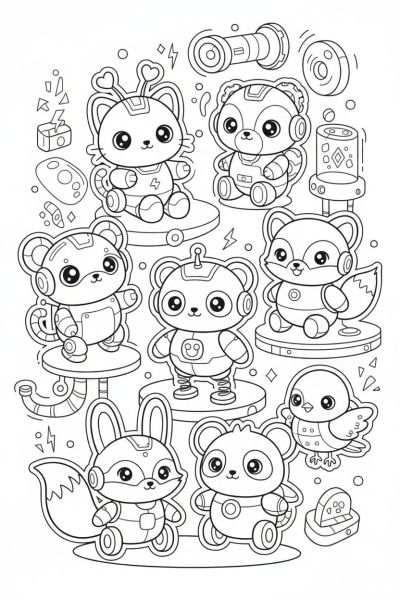 Une page contenant 7 stickers kawaii de petits robots animaux avec des formes douces, dans une ambiance futuriste et kawaii, vus en plan rapproché, entourés de petits éclats et circuits.