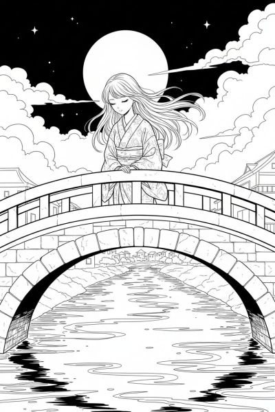 Fille debout sur un pont, observant l’eau en contrebas, posture calme et réfléchie, ambiance nocturne silencieuse, plan moyen avec des lignes nettes dessinant les reflets sur l’eau et ses cheveux effilés au vent.