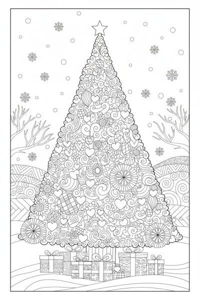 Un grand sapin de motifs répétitifs et cœurs zentangle, dans une ambiance féérique et calme, cadré en vertical, avec des petits cadeaux aux formes décorées au pied.
