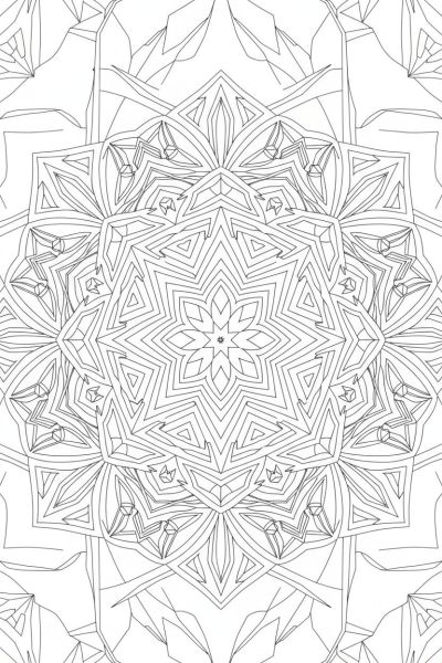 Une composition de cristaux naturels intégrés à un mandala complexe, dans une atmosphère sereine de haute montagne, vue rapprochée, avec des formes angulaires et des secteurs répétitifs harmonieux.