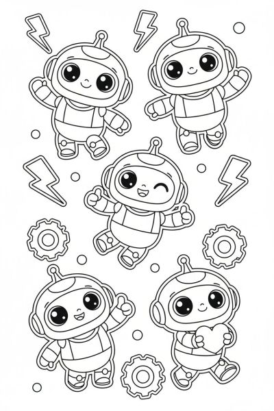 Une page contenant 6 stickers kawaii de petits robots aux formes arrondies et yeux brillants, dans une ambiance futuriste et amicale, avec des éclairs et engrenages en fond.