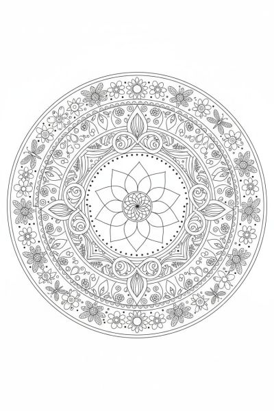 Un mandala final combinant tous les éléments naturels explorés précédemment : fleurs, feuilles, insectes et gouttes d'eau, dans une atmosphère d'harmonie universelle, vue de face, avec une symétrie parfaite et des détails ornementaux complexes.
