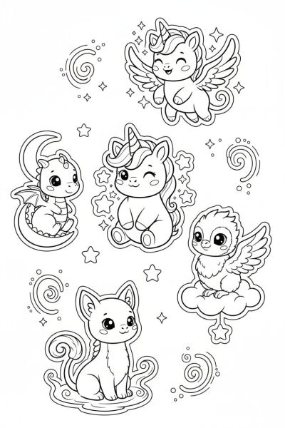 Une page contenant 5 stickers kawaii de personnages d’animaux fantastiques comme des licornes et dragons miniatures, dans une ambiance magique et rêveuse, en portrait de face, avec des étoiles et lunes.