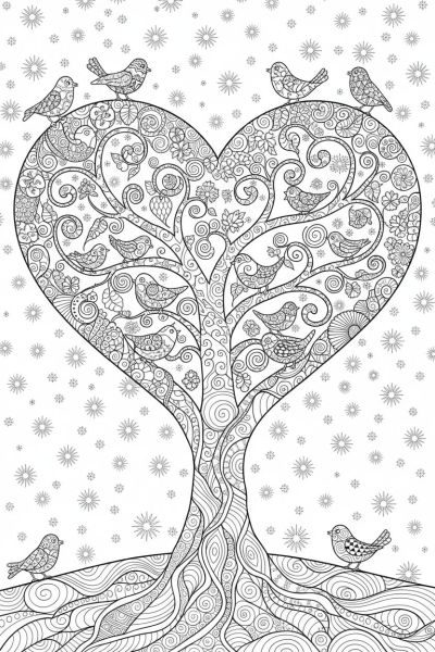 Un grand arbre zentangle en forme de cœur, ses branches couvertes de motifs fins et d’oiseaux, dans une ambiance finale pleine d’espoir et d’amour, vu en plan large, avec un ciel étoilé en arrière-plan.