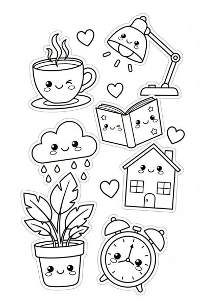 Une page contenant 7 stickers kawaii d'objets du quotidien avec des visages adorables, comme une tasse, une lampe ou un livre, dans une ambiance cosy, vus en plan rapproché, entourés de petits coeurs.