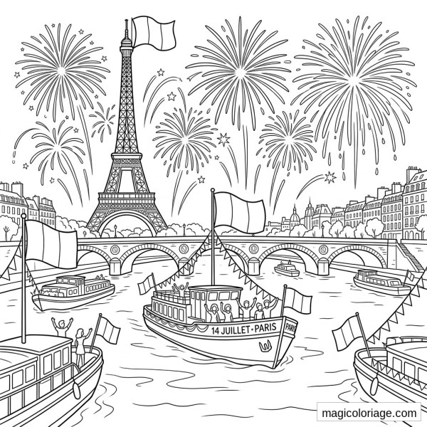 Coloriage 14 Juillet à Paris avec Tour Eiffel, feux d’artifice, bateaux sur la Seine et drapeaux français