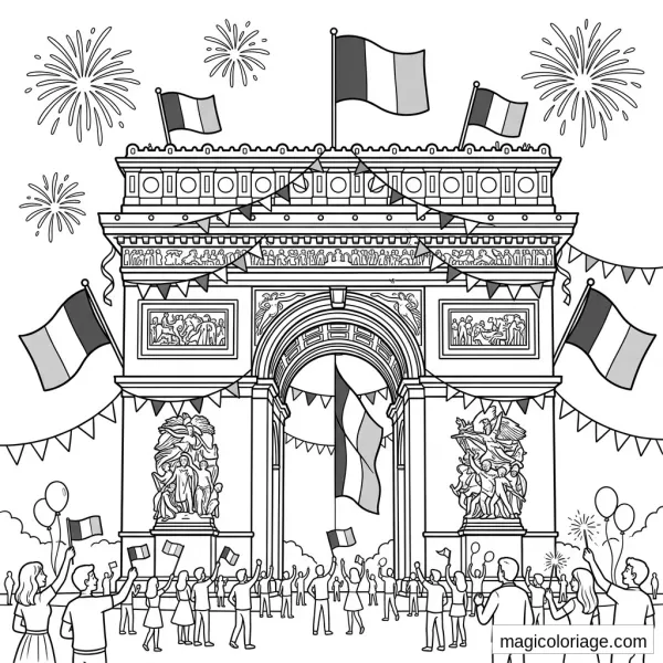 Coloriage 14 Juillet avec Arc de Triomphe, drapeaux français, foule et feux d’artifice