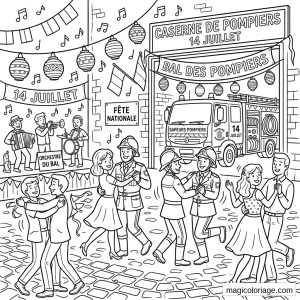 Coloriage 14 Juillet avec bal des pompiers, camion, caserne décorée, orchestre, lampions et couples qui dansent