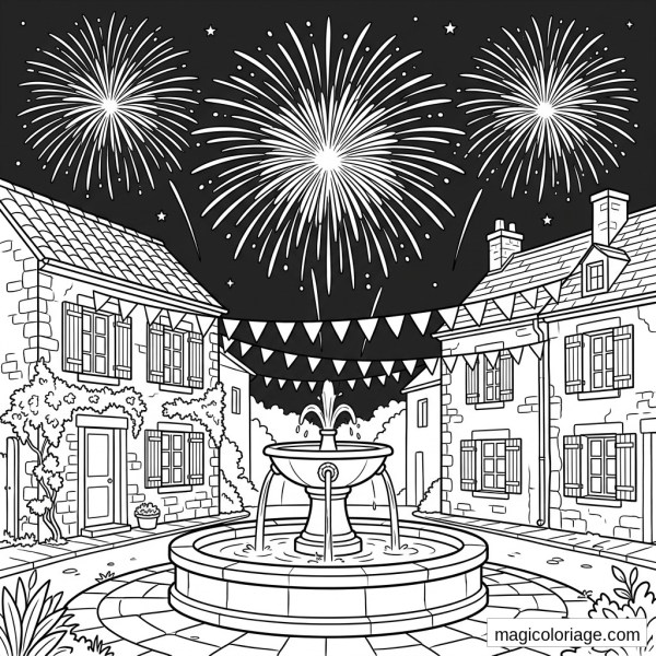 Coloriage 14 Juillet avec feux d’artifice, fontaine, fanions et maisons de village