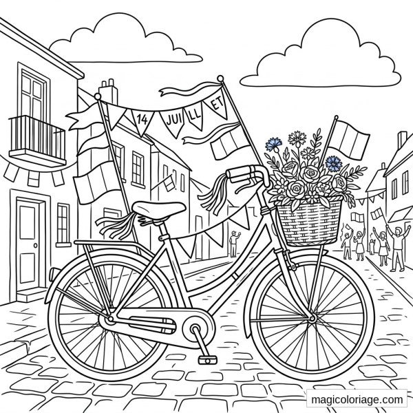 Coloriage 14 Juillet avec vélo fleuri, drapeaux français, fanions et rue pavée en fête