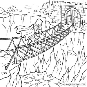Coloriage heroic fantasy avec aventurier encapuchonné sur un pont suspendu devant un château fort