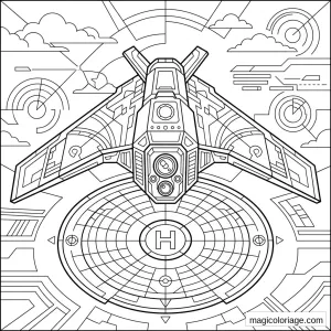 Coloriage avion militaire futuriste au-dessus d’un héliport avec radars, nuages et décor high-tech
