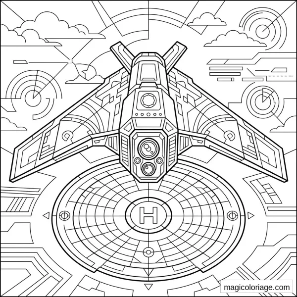 Coloriage avion militaire futuriste au-dessus d’un héliport avec radars, nuages et décor high-tech
