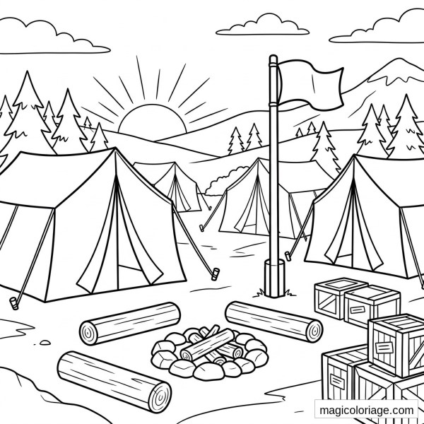 Coloriage camp militaire avec tentes, drapeau, feu de camp, caisses, sapins et montagnes