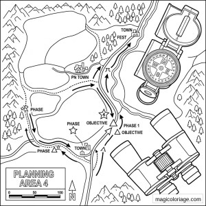 Coloriage militaire carte d’opération avec boussole, jumelles, routes, objectifs, villages et montagnes