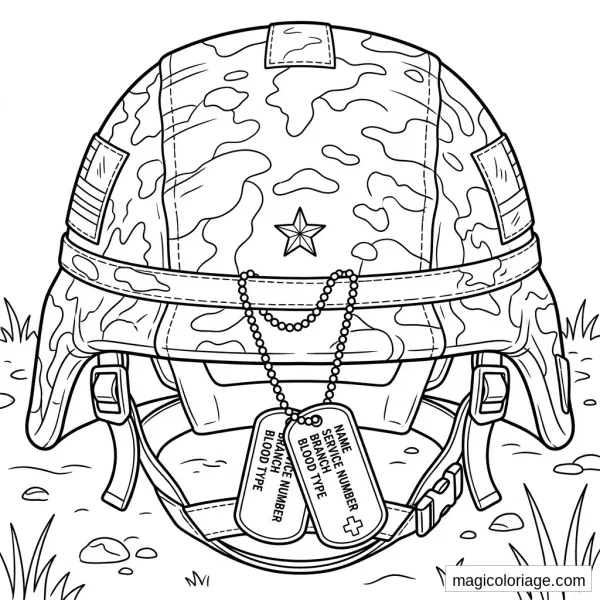 Coloriage casque militaire camouflage avec plaques d’identification, sangles et herbes