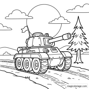 Coloriage char militaire avec canon, chenilles, drapeau, sapin, soleil et chemin de terre