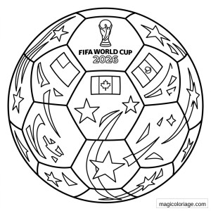 Coloriage Coupe du monde 2026 avec ballon de football, trophée FIFA, drapeaux Canada Mexique États-Unis