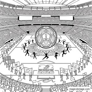 Coloriage Coupe du monde 2026 avec ballon géant, danseurs, drapeaux et stade rempli de supporters