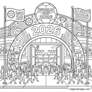 Coloriage Coupe du monde 2026 avec arche de stade, supporters, drapeaux, ballon géant et trophée